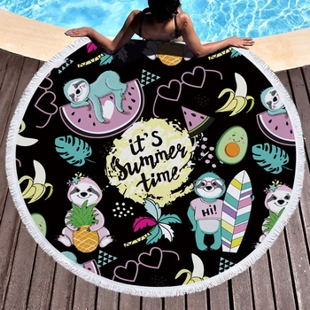 

SOFTBATFY Sloth Beach Terry Round Beach Towel with Tassel Dropshipping