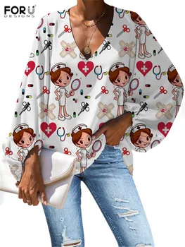 

FORUDESIGNS Women Tops Nurse Medical Doctor Pattern Blouse Shirt Casual Long Sleeve Shirt Blouses femmes Large Size 2020