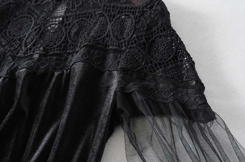 Винтажное бархатное Черное женское платье новейшее сексуальное кружевное Сетчатое мини-платье свободного кроя с рукавами Осень Весна YNZZU YD301