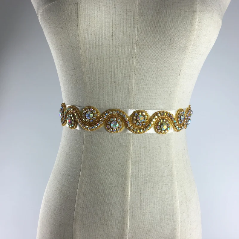 Vintage Style Gold Beads Rhinestone Ribbon Bridal Wedding Dress Belt Bridal Sash