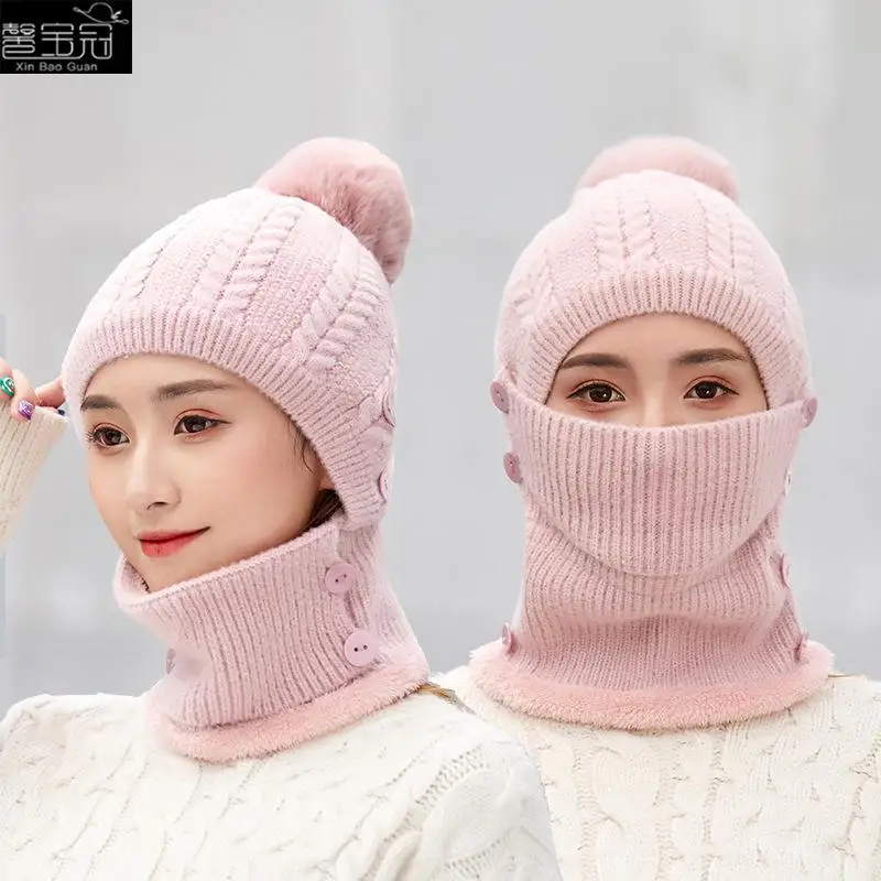 MISSKY Lady Warm One-piece Women Hat-Mask-Scarf Winter Thicken Knitting Wool Ball Riding Outdoor Beanies For Female