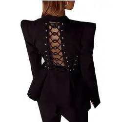 Мода 2019 осень выдалбливают асимметричный подол черная тонкая куртка для женщин с длинным рукавом V образным вырезом готические блейзеры