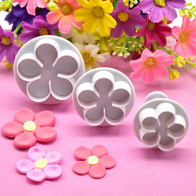 Blossom Flower Plunger Fondant Mold 3Pcs Size 3/3.6/4.3cm Cookie Cutter Daisy Cake Decorate Tool Sugarcraft Biscuit Stamp Cut cake decorating tools cake baking mold