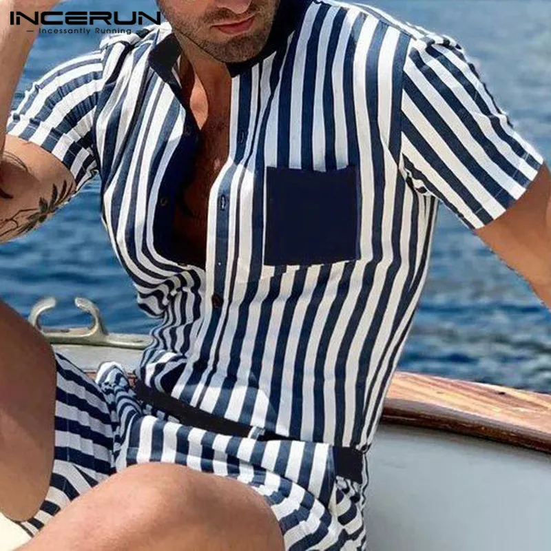 INCERUN Summer Striped Men Romper Streetwear Short Sleeve Joggers Shorts Chic Button 2020 Men Jumpsuit Hawaiian Playsuit S-5XL 7 INCERUN Summer Striped Men Romper Streetwear Short Sleeve Joggers Shorts Chic Button 2020 Men Jumpsuit Hawaiian Playsuit S-5XL 7