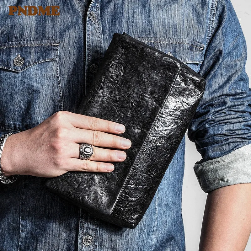 

PNDME casual simple black genuine leather men's clutch bag fashion designer teens trend luxury high quality soft cowhide wallet