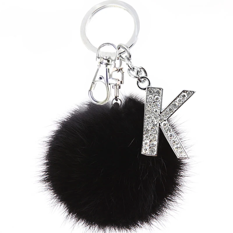 Пушистый черный помпон Искусственный Кролик брелок в форме меховых шариков буквы с кристаллами Брелоки держатель для ключей Модный Ювелирный мешок аксессуары подарок
