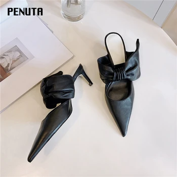 

2020 PENUTA New Arrival Sheepskin Slippers Women Bow Tie Pointed Toe Slides High Heel Ladies Shoes Summer Designer Sandals T0018