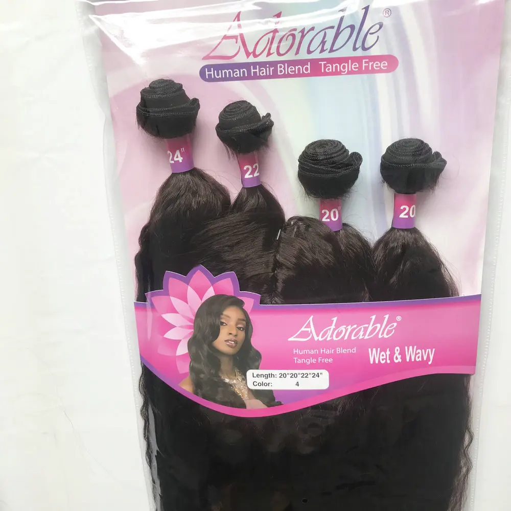 Adorable Synthetic Hair Extension WET&WAVY 4PCS+1 Set /20-24inch Weave Bundles With Closure Natural Color African American Afro