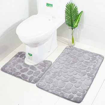 

Two-piece Bathroom U Shape Non-slip Mat 3D Cobblestone Flannel Bathroom Mat Toilet Floor Mat Anti Slip Carpets Set