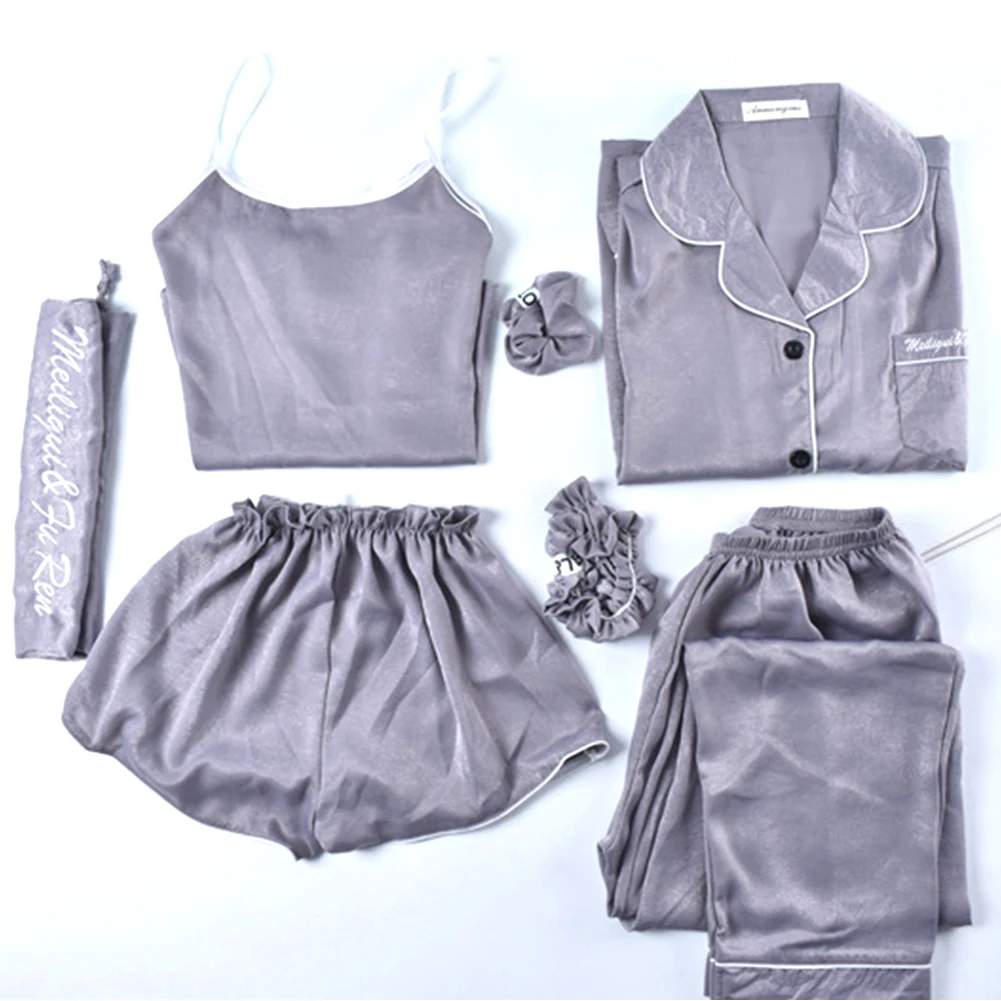 

7pcs Simulation Silk Women Pajama Set Gift Thin Home Wear Spring Summer Sexy Soft Sleepwear Top Pants Camisole Shorts Loose