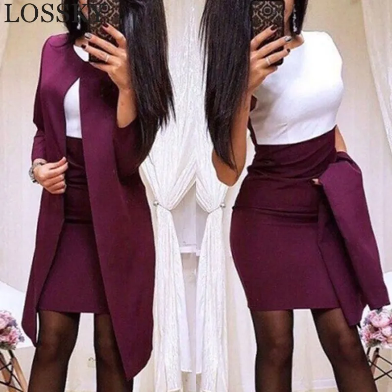 Autumn Formal Dress Suits Women Long Sleeve Blazer Jacket And Bodycon Mini Dress Office Wear 2 Piece Female Sets Garnitur Dress - Цвет: red