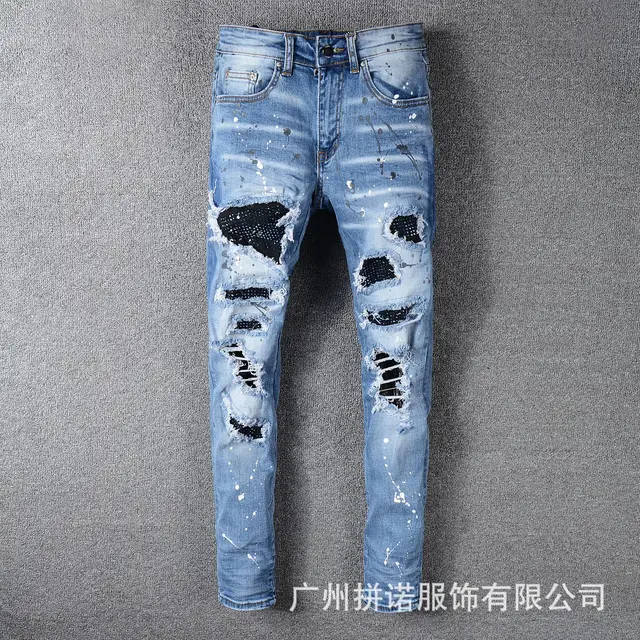 Pantalones azules de marca para vaqueros de motociclista rotos destrozados, parches rotos, pantalones vaqueros ajustados de Hip Hop para hombre 563|Pantalones vaqueros| AliExpress