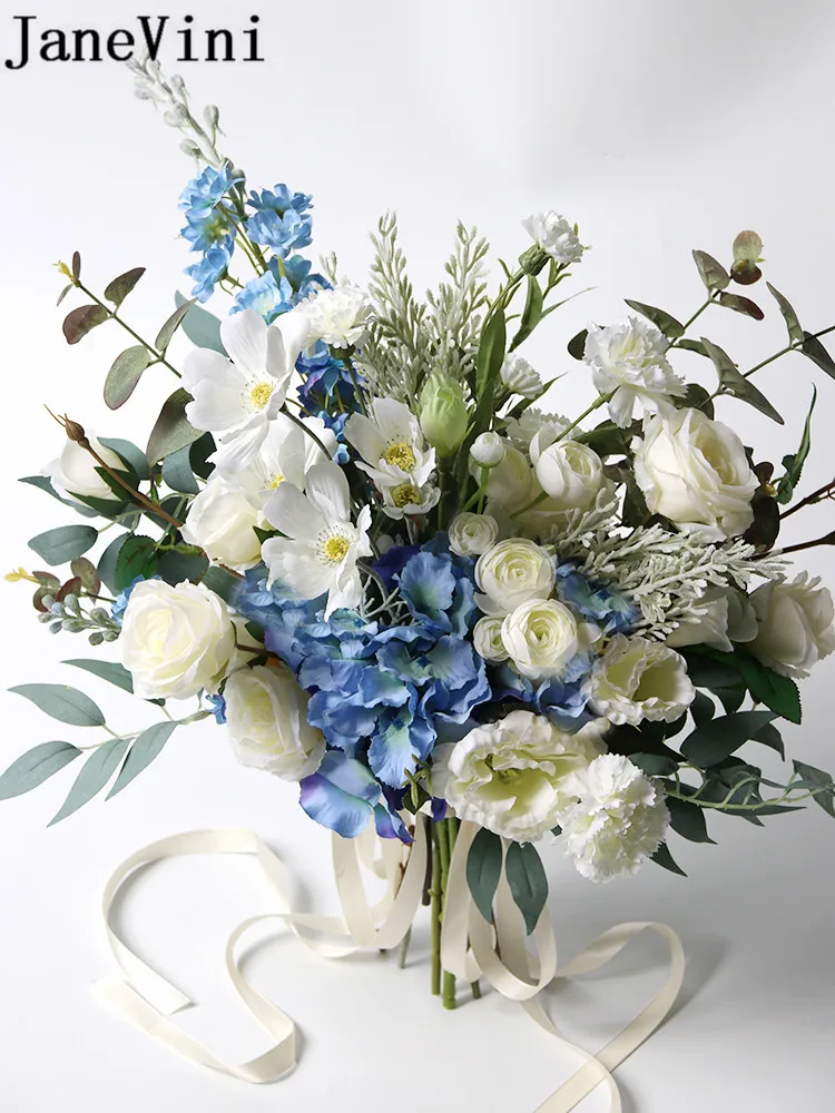 JaneVini Silk Wedding Bouquet Blue Flowers Bridal Bouquets Handmade Rose Leaf Yellow Brides Bridesmaids Bouquet Ramo Artificial