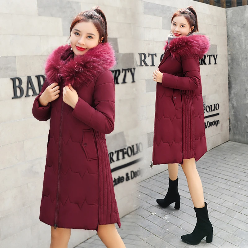 Wine red Женский пуховик с густым мехом, Длинная зимняя Новинка, женские ботильоны - Цвет: Wine red