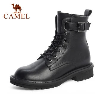 

CAMEL Black Ankle Boots for Women with Mid Heel Fashion Lace up Zipper Martin Boots British Boots 2020 New Autumn Ladies Shoes