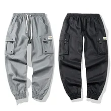 Мужские брюки на шнурке, летние однотонные повседневные уличные брюки, свободные брюки с карманами, длинные брюки-карго, мужские брюки