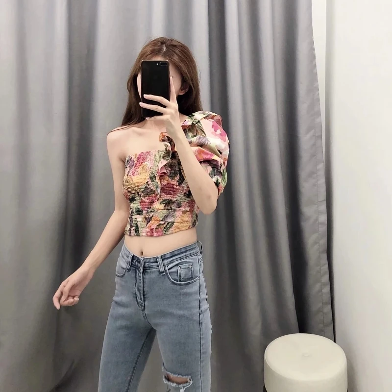 Goede Nieuwe vrouwen een schouder elastische geplooide korte Shirt print blouses vrouwen lanminated ruches roupas femininas chemise shirts LS4068