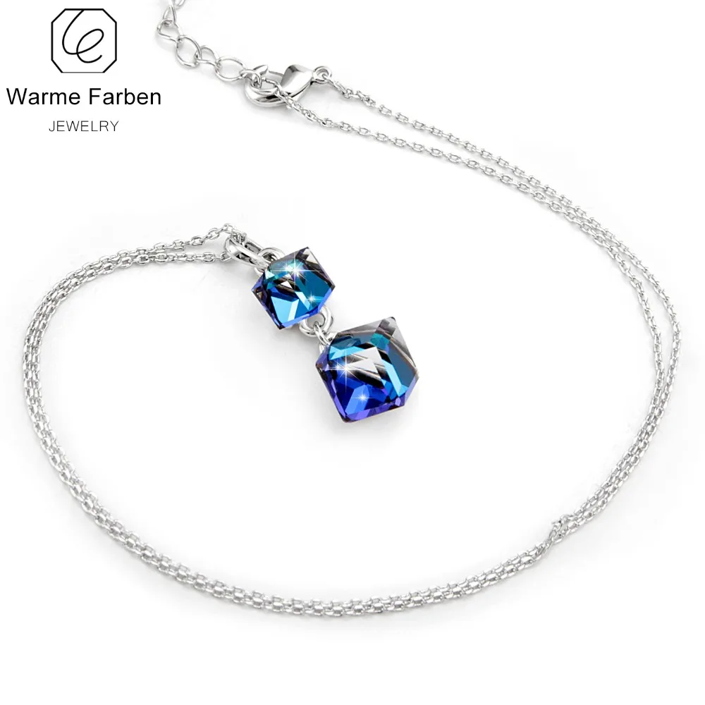 Ожерелье с кристаллами Swarovski, женское квадратное двойное ожерелье с синим кубическим кристаллом, женское ювелирное ожерелье