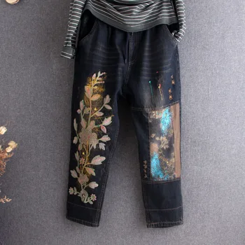 

Luxury Floral National Wind Cartoon embroidery Patch Elastic Waist Jeans Women Hip Hop Oversized Denim Harem Trousers Boyfriend