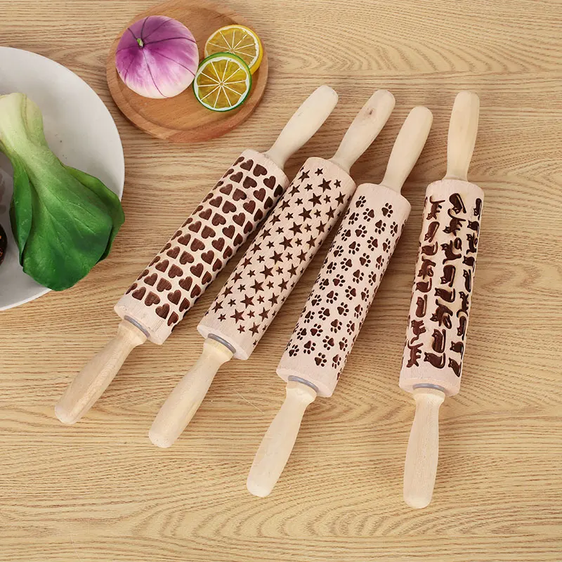 Wood Rolling Pin Cake Party Cookies Christmas Dough Roller Bakng Mold Tool Gingerbread DIY Beautiful Carving Kitchen