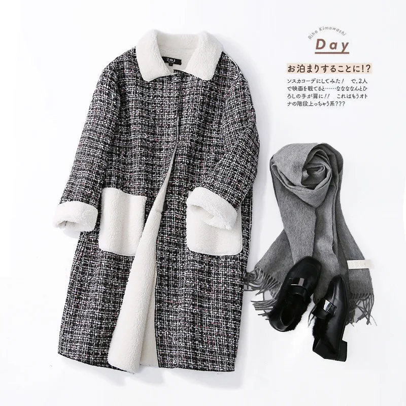 

Yimori Elegant Temperament Tweed Stitching Lamb Wool Coat Mid-length Woolen Coat Women's New Arrival 2020