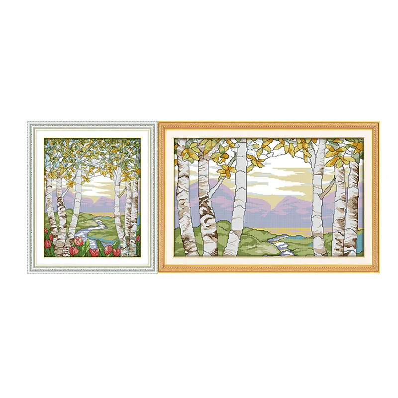 

Joy Sunday Birches in the summer Cotton Thread Painting 11CT 14CT Embroidery Patterns Counted Cross-Stitching needlework Set