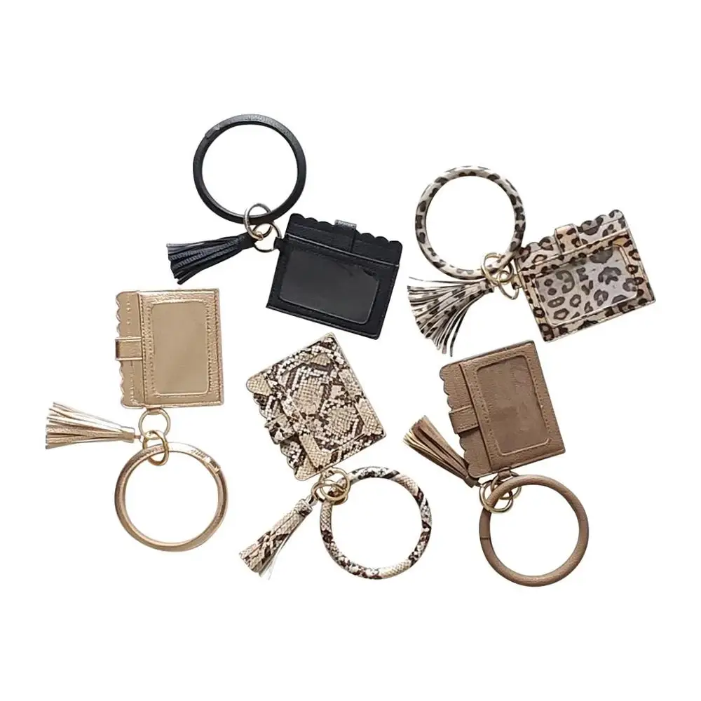 Woman Mini Card Wallet Faux Leather Purse Big Circle Leather Key Chain Bangles Leopard Printed Detachable Zipper Wallet