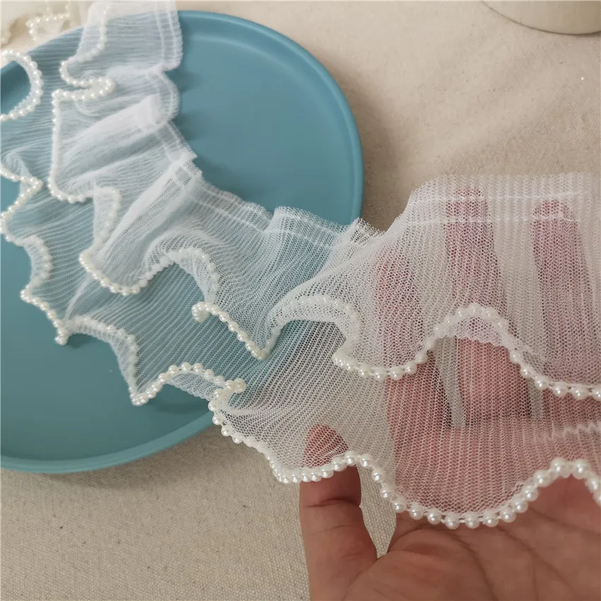 

10cm wide pastoral double-layer high-quality mesh gauze pleated and beaded new lace accessories