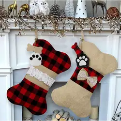 Chaussettes de noël en lin avec os de gingham, sacs cadeaux, décoration d'animaux de compagnie 