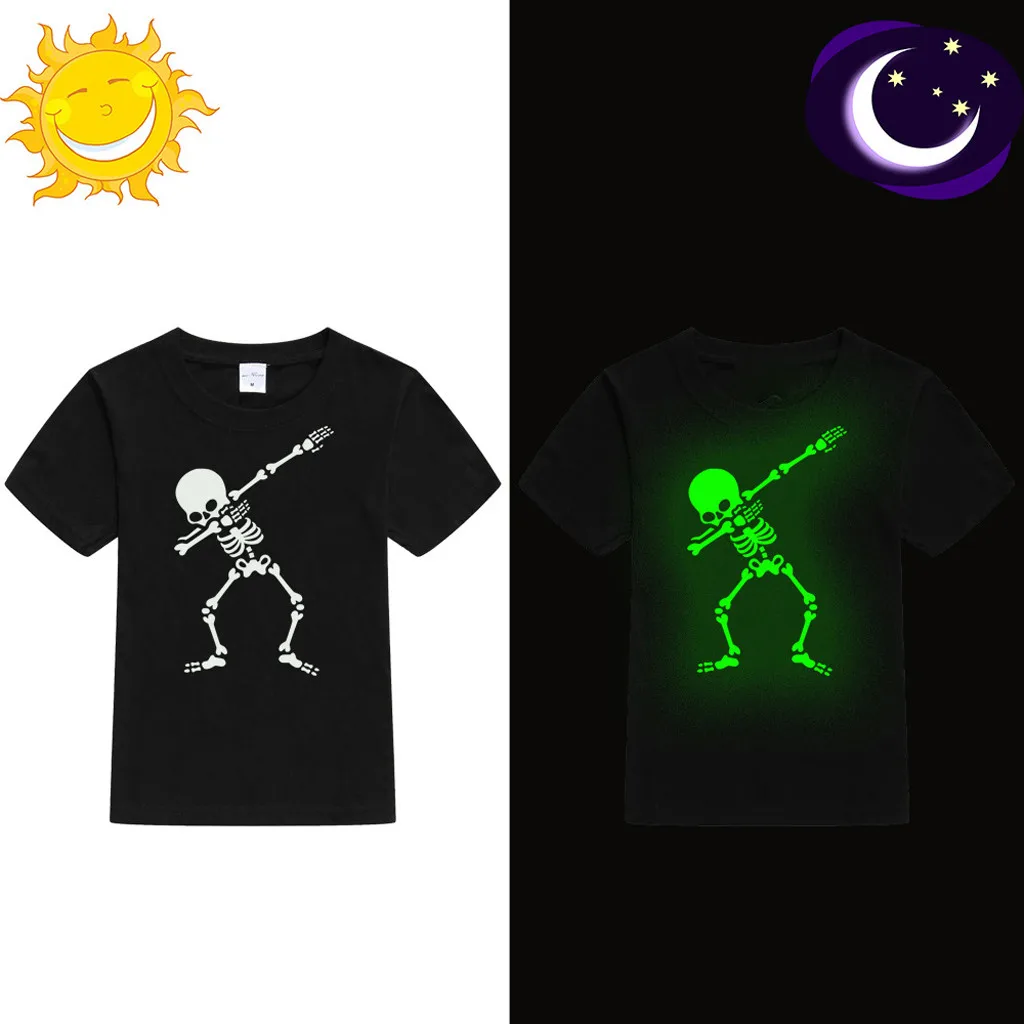 Футболка; Camiseta; детская одежда для мальчиков и девочек; забавная повседневная одежда для детей с короткими рукавами, с изображением черепа, флуоресцентного цвета