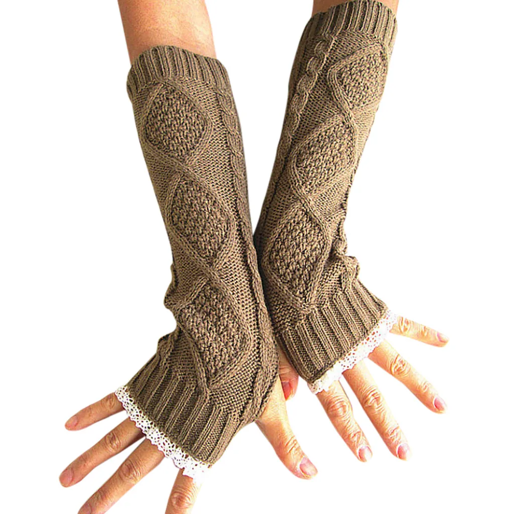Женские зимние перчатки вязаные пуговицы выемчатый Лист Кружева сохраняет тепло без пальцев длинные перчатки супер качество guantes