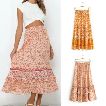 

Fashion Women Boho Pleated Long Maxi Ladies Floral Printed Elastic High Waist Skirt Clothes
