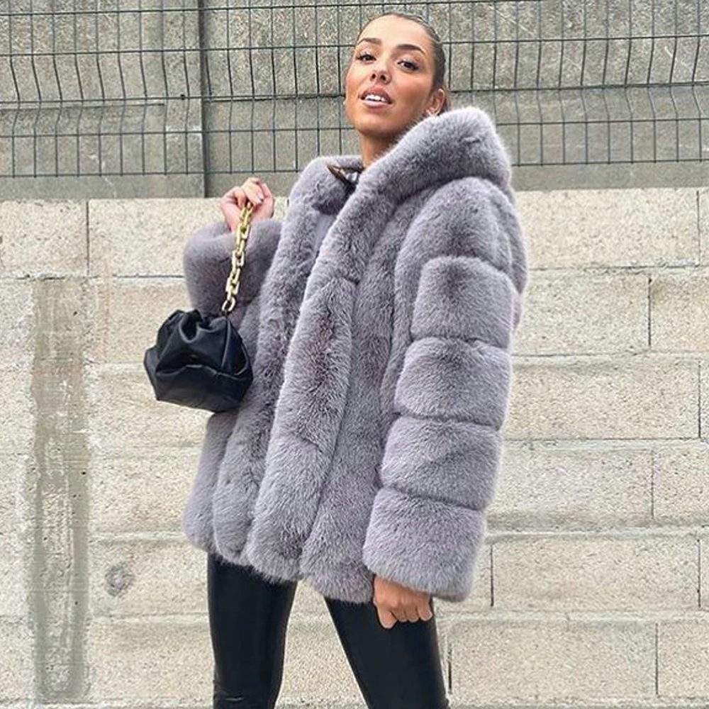 Mid-length Real Fox Fur Jacket with Hood Woman Winter Fashion Whole Skin Genuine Fox Fur Coats Female Thick Warm Fur Overcoat
