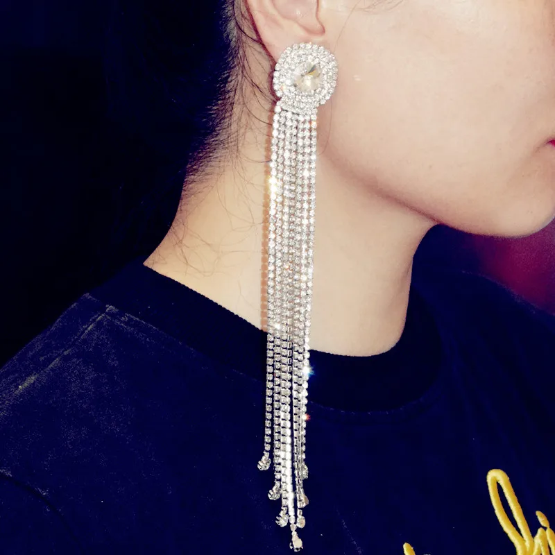 

Boutique Shiny Rhinestone Long Chain Tassel Earrings for Women Fashion Jewelry Evening Long Dress Statement Earrings Accessories