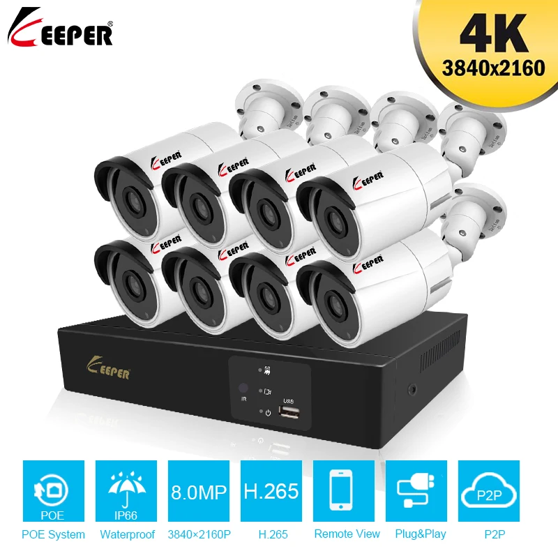 

Keeper 8CH 4K Ultra HD POE Network Video Security System 8MP H.265+ NVR With 8pcs 8MP Weatherproof IP Camera CCTV Securit