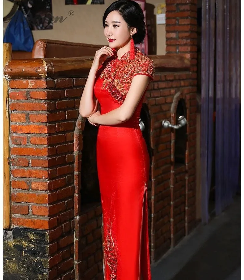 Сезон: весна-лето новый ретро вышивка Cheongsam платья для женщин Chinoise невесты длинные Qi Pao для китайский традиционный свадебный платье Красный