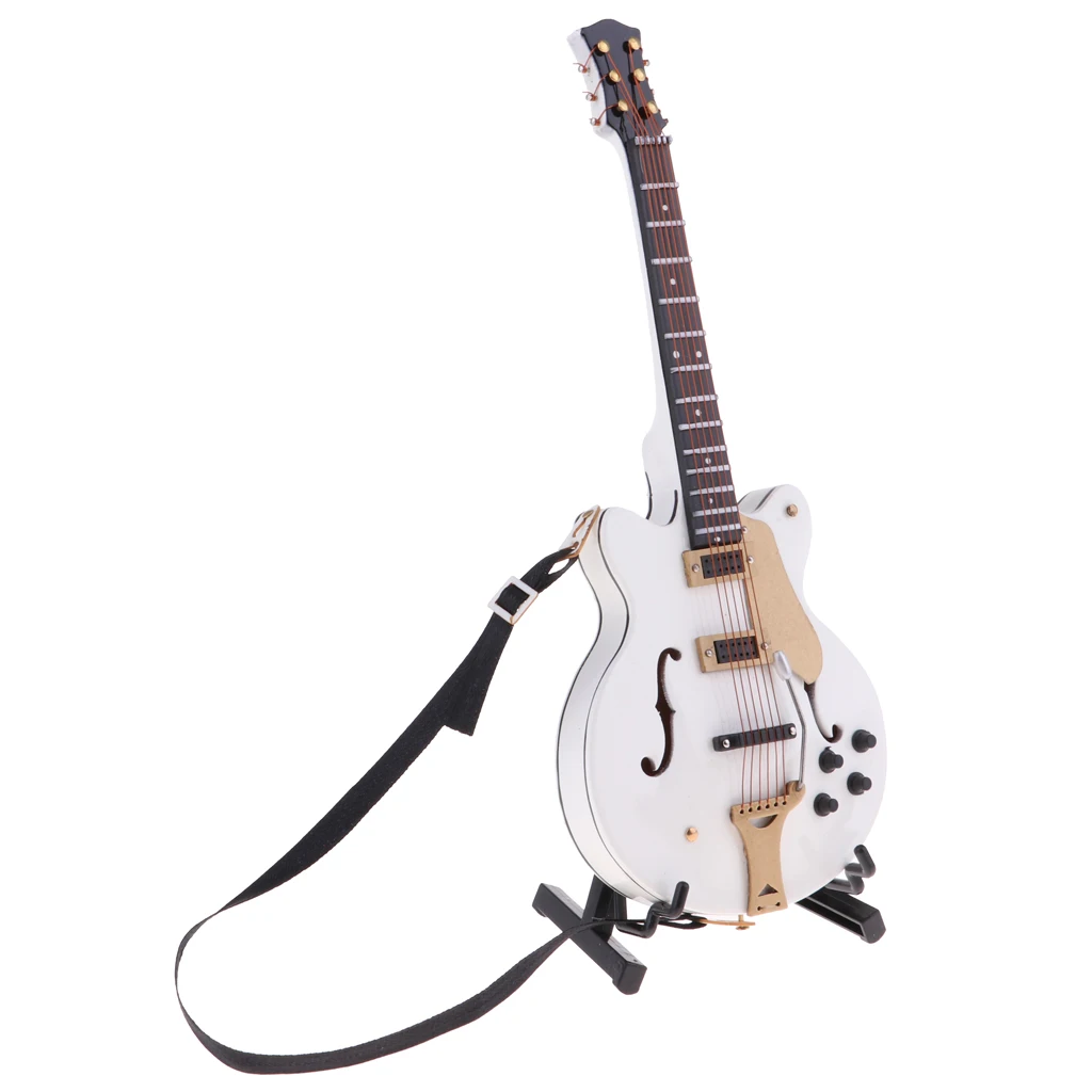 1:6 Mini Guitar with Stand and Case Miniature Dollhouse Decoration (White)