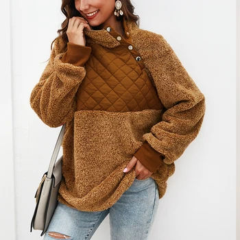 

Autumn Winter Women's Cashmere Sweatshirts female Plush stitching Casual Turtleneck Long Sleeve Pullovers contrast Sweatshirts