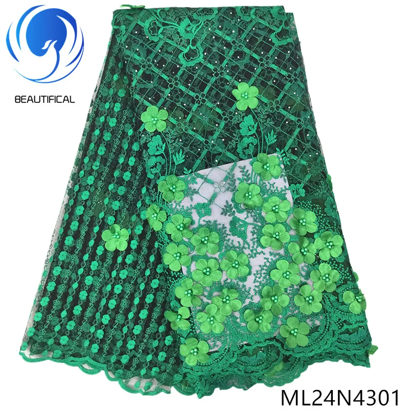 

BEAUTIFICAL Green french lace fabrics Wholesale nigerian 3d flowers net lace with beads and stones 5yards free shipping ML24N43