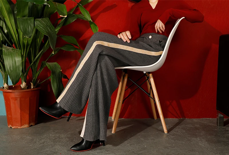 TWOTWINSTYLE Knitted Vintage Hit Color Women's Pants High Waist Warm Thick Elastic Wide Leg Pants Female Autumn Fashion New