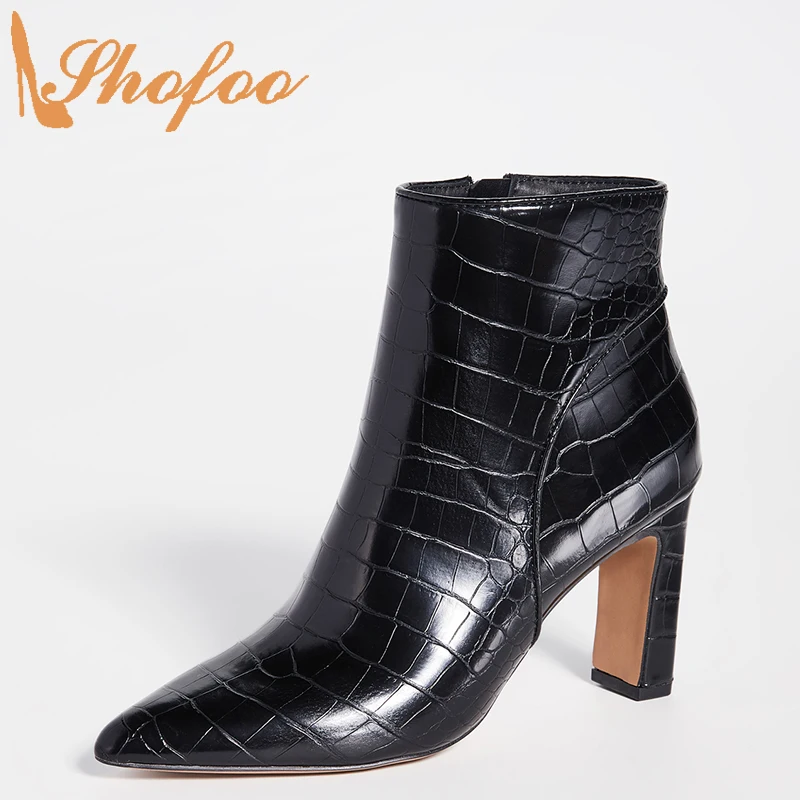 

Black Crocodile Embossed Booties High Block Heels Pointed Toe Woman Zipper Large Size 15 Ladies Mature Shoes Ankle Boots Shofoo