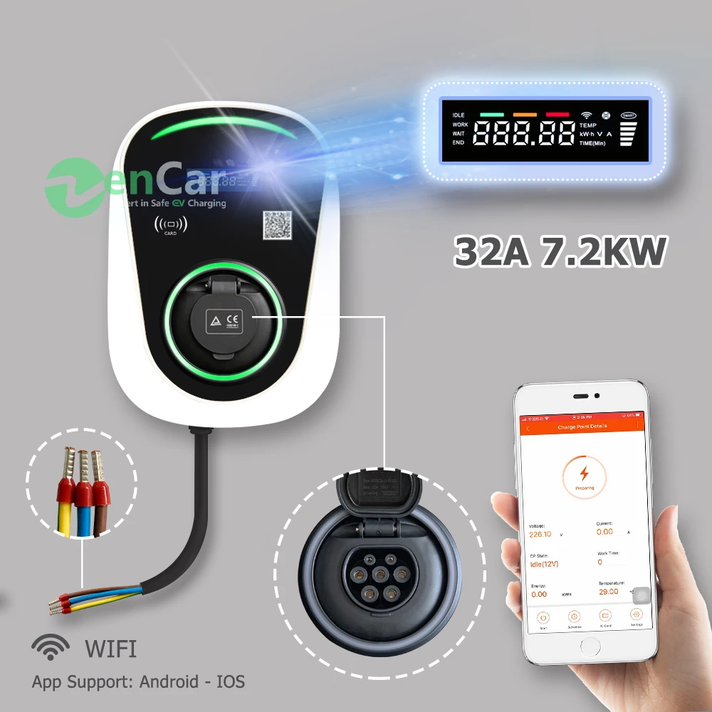 32A 1Phase APP Wifi EVSE Wallbox EV Charger Charging Station with Type 2 Cable IEC 62196-2 for Electric Vehicle