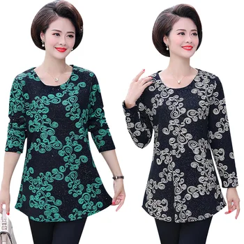 

Embroidery O-Neck Femme Tshirt Long Sleeve Tee Tops Women Bottom Shirt Spring Fall Plus Size Middle Age Mother T-Shirts Pullover