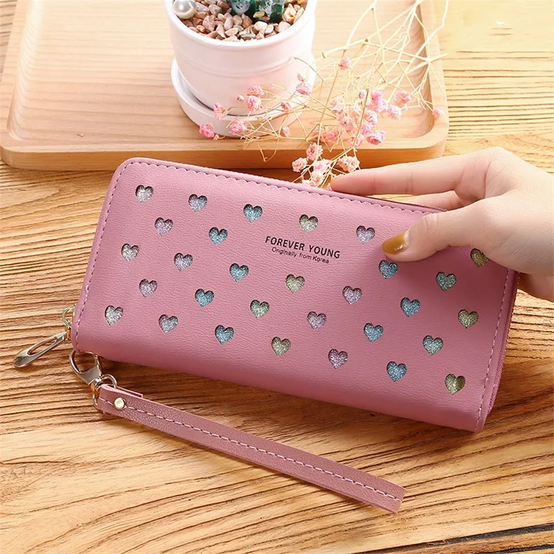 Dark Pink Полый в форме сердца кошелек женский длинный кошелек на молнии кошельки Portefeuille женский кошелек клатч сумка для денег портмоне ID держатель бумажник женский портмоне кошелек женский кашелек женский кошелек женский - Цвет: Dark Pink