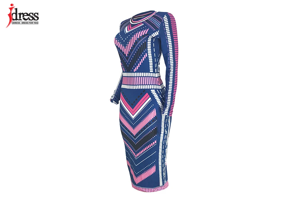 IDress Long Sleeve Winter Dress Women Sexy Striped Printed Autumn Winter Knee Length Bandage Evening Party Bodycon Casual Dress (4)
