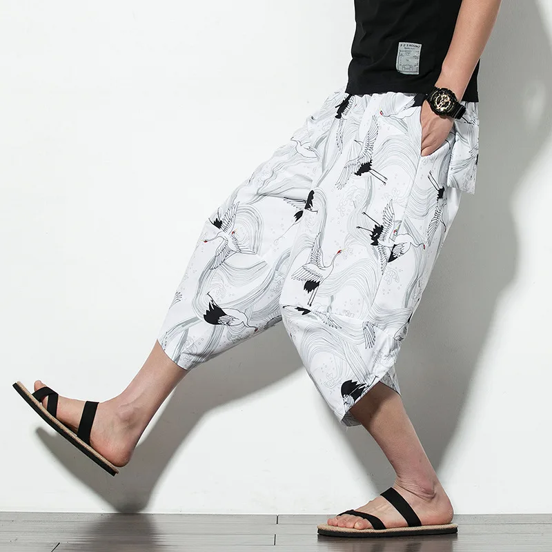 Summer 2019 New Cotton and Hemp Seven-minute Pants Men's Chinese Wind Large Size Lantern Pants Men's Printed Hallen Shoes