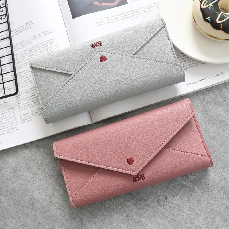 

Fashion Long Women Wallets Simple Women Clutch Purse 2020 New Leather Luxury Money Bags Heart-shaped Letter Embroidery PU Solid