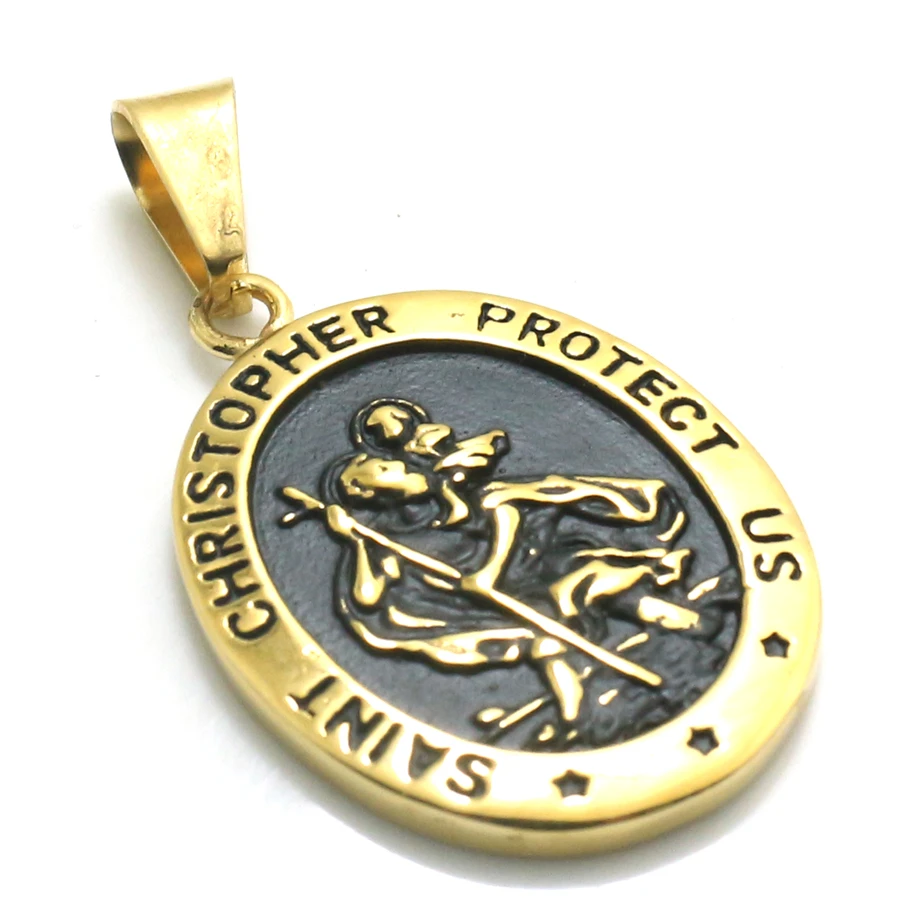 Унисекс нержавеющая сталь 316L Cool Gold-Color Saint Christopher Protect Us Детская Подвеска |