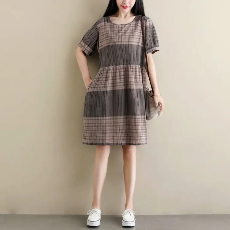 

Plaid Cotton Linen Dress Women's Summer New Style Loose Retro Mid-length Short-sleeve Dress WOMEN'S Dress S27486