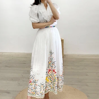 

2020 summer new linen white print wave edge fashion midi skirt